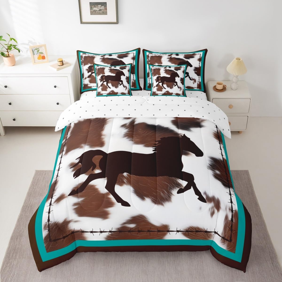 Horse 7 Piece Bedding Set 7 Piece Bedding Set Rustic Western Cowboy Cowhide Print Comforter Cover Bedroom Decor Retro Farmhouse Horse Teal Blue Brown Full Size