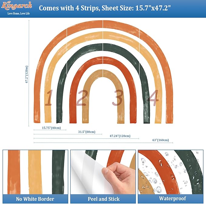 Large Boho Rainbow Wall Decals, Colorful Peel and Stick Fabric Nursery Wall Decor, Removable Home Room Wall Decor Murals Stickers for Kids Girls Toddler Bedroom Living Room Playroom