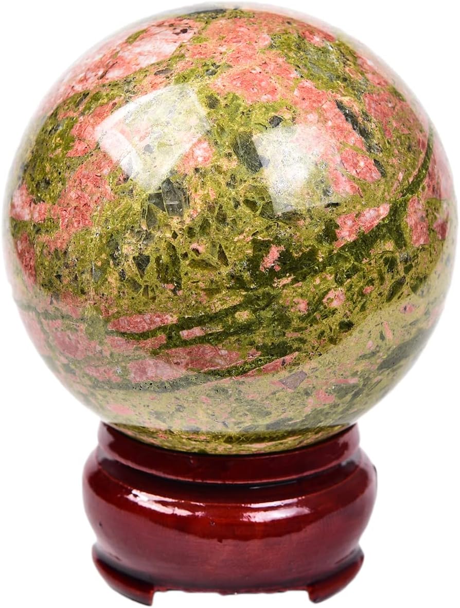 JIC Gem Unakite Stone Crystal Sphere Ball with Decorative Stand Quartz Crystal Ball Healing Gemstone Sphere for Fengshui Reiki Decor (50-60mm)