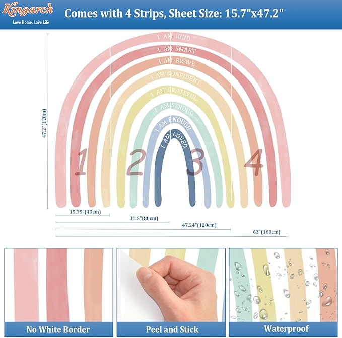 Large Watercolor Rainbow Wall Decals with Inspirational Quote, Colorful Peel and Stick Fabric Nursery Wall Decor, Removable Home Room Wall Murals Stickers for Kids Girls Toddler Bedroom Playroom