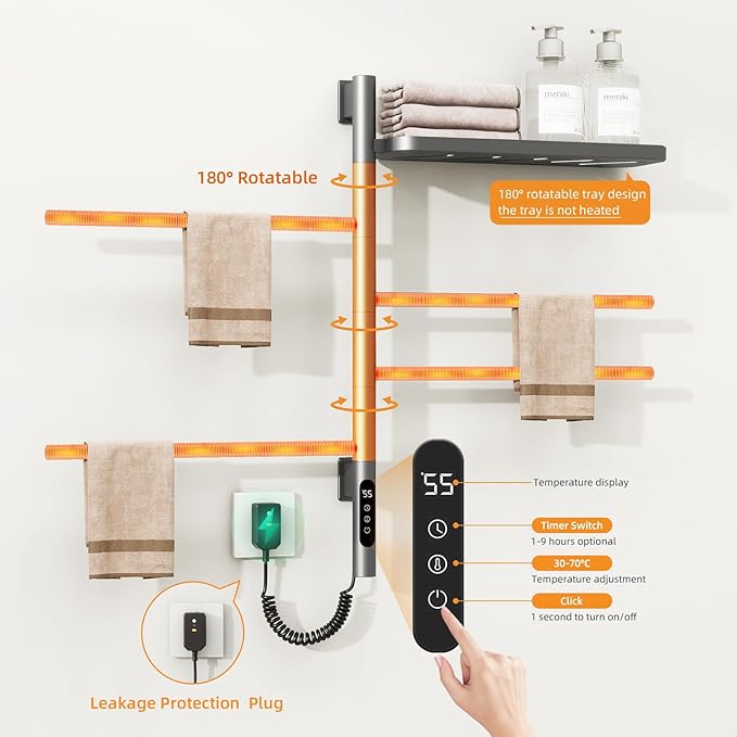 Swivel Heated Towel Rack, Wall Mounted Electric Towel Warmer Rack for Bathroom, 4 Round Bars Swivelable Towel Dryer with Tray, Towel Heater with Built-in Timer,for bathroom,Salons & Spas(G64-Gun Gray)