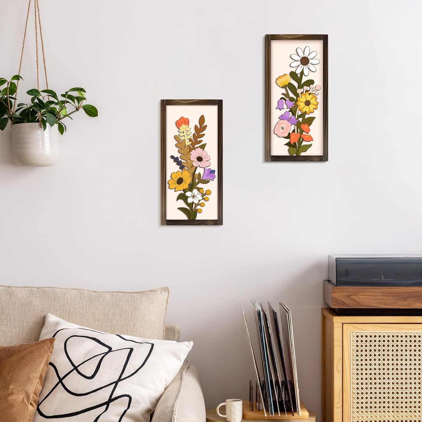 Kas Home 3D Floral Wall Art, 2 Set Rustic Wood Boho Flower with Vase Framed Wall Decor for Bathroom Living Room Bedroom Office Housewarming Gift, Ready To Hang Plaque Sculptures (White-A, 6L" x 12W", Framed)