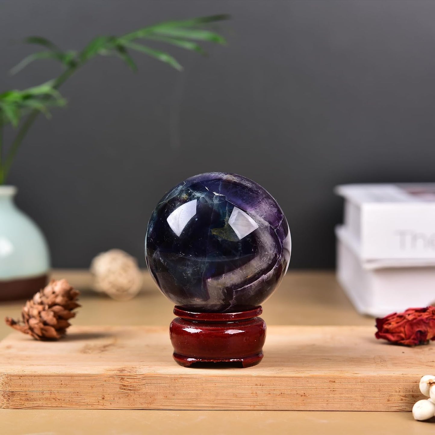 JIC Gem Natural Colorful Fluorite Crystal Sphere Decorative Ball with Wooden Stand Meditation Balls for Witchcraft Reiki Healing Gift 50-60mm
