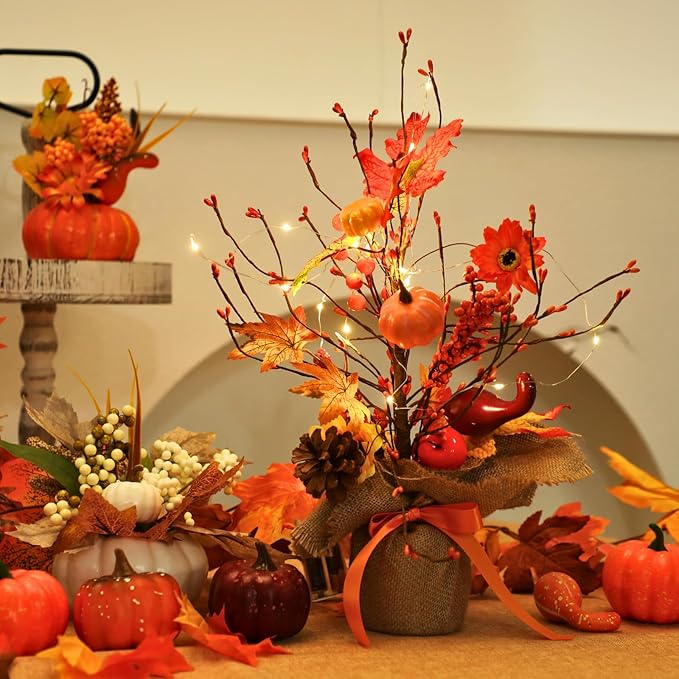 18 Inch Fall Table Tree, LED Lighted Fall Tree with Sunflowers Maple Leaf Pumpkin,Artificial Fall Tree for Autumn Harvest Thanksgiving Home Decor