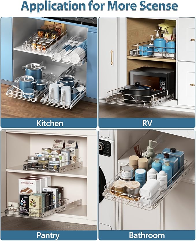 Pull Out Cabinet Organizer, Home Shelf Organization, Heavy-Duty Pull Out Shelves for Cabinets, Slide Out Drawers Organizer for Kitchen, Pantry(17" W*21" D)