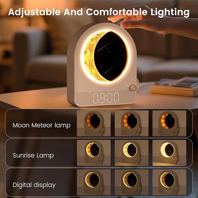Sunrise Alarm Clock, White Noise Machine & Meteor Moonlight - 10 Soothing Sounds, Dual Alarms, 30/60/90min Timer, Easy Snooze - Bedroom Gift for Insomnia Adults/Women - White
