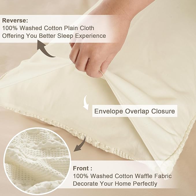 PHF Waffle Weave Pillow Shams King Size, 2 Pack 100% Cotton Pillowcases 20" x 36", No Insert, Soft & Breathable Aesthetic Woven Pillow Case Covers for Bedroom Decor, Canmoli Cream