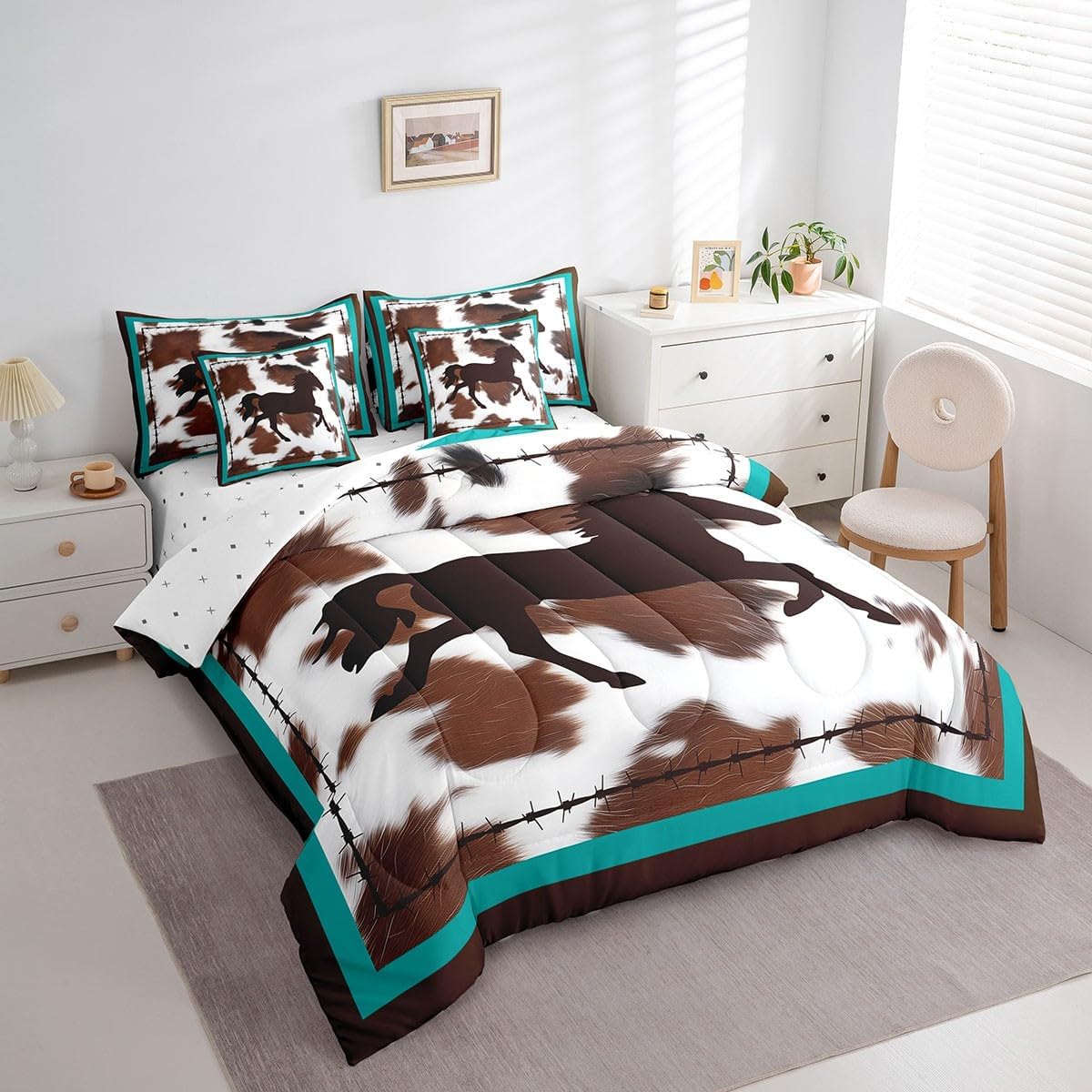 Horse 7 Piece Bedding Set 7 Piece Bedding Set Rustic Western Cowboy Cowhide Print Comforter Cover Bedroom Decor Retro Farmhouse Horse Teal Blue Brown King Size