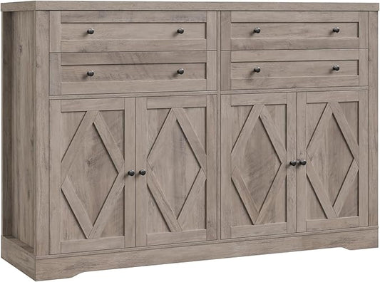 HOSTACK 55" Coffee Bar with 4 Large Drawers, 40" Tall Buffet Cabinet with Storage, Kitchen Storage Cabinet, Modern Farmhouse Sideboard Buffet, Adjustable Shelves for Living Room, Ash Grey