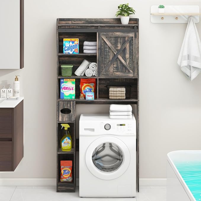 Over The Toilet Storage Cabinet, Farmhouse Storage Cabinet Over Toilet with Sliding Doors & Toilet Paper Holder Stand，Home Space-Saving Toilet Rack, for Bathroom, Laundry(Dark Grey)