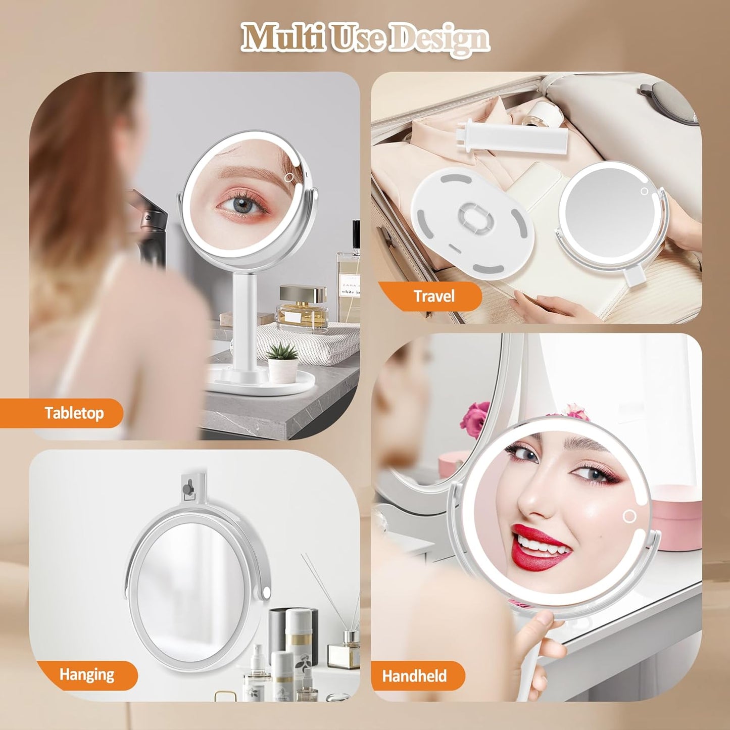 Makeup Mirror with Lights, Double Sided 1x/20x Magnifying Mirror with Light, Rechargeable 3 Color Lights Adjustable Brightness, 360° Rotation Detachable Comes with Tweezer(Silver)