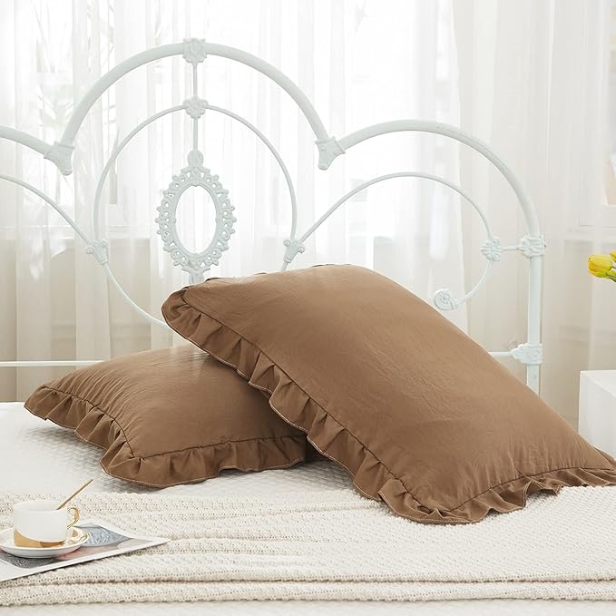 Merryword Brown Ruffle Standard Pillow Shams 20x26inch - Cute Coffee Pillowcases Set of 2 - Shabby Chic Soft Cover 2 Pack