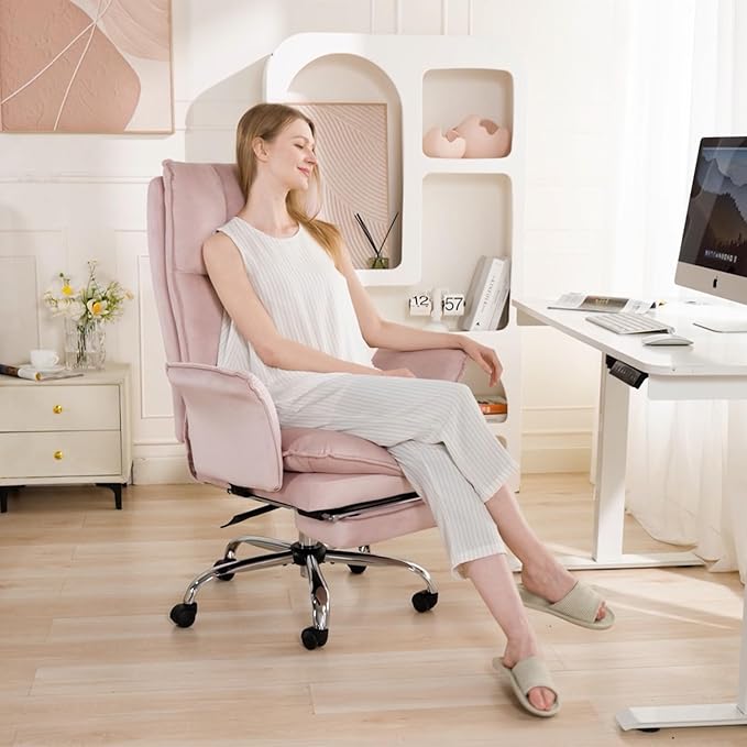Office Chair, Modern Home Office Desk Chairs with Wheels and Retractable Footrest, Adjustable Backrest Velvet High Back Office Chair, Computer Chairs for Bedroom (Light Pink)