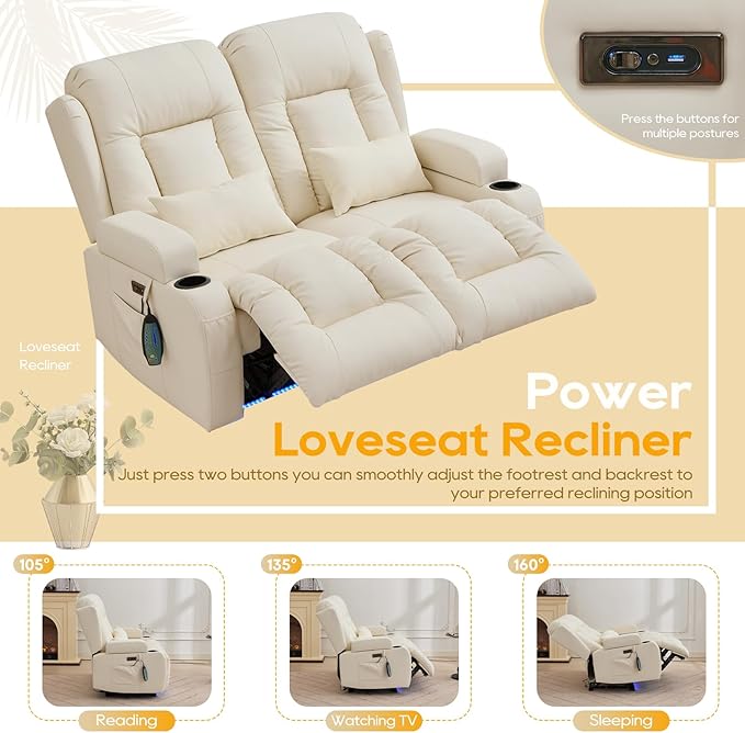 IPKIG 54" Power Loveseat Recliner Sofa, Electric Home Theater Seating with Massage Heat/4 Colors Ambient Lights/USB Port/Side Pocket/Cup Holder for Living Room, Bedroom, RV (Off-White, 2 Seater)