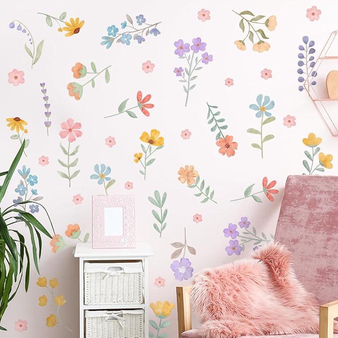 Boho Watercolor Flower Wall Decals - Removable Wildflower Art for Girls Bedroom, Nursery, Kids Room - DIY Cute Vinyl Murals Decorations