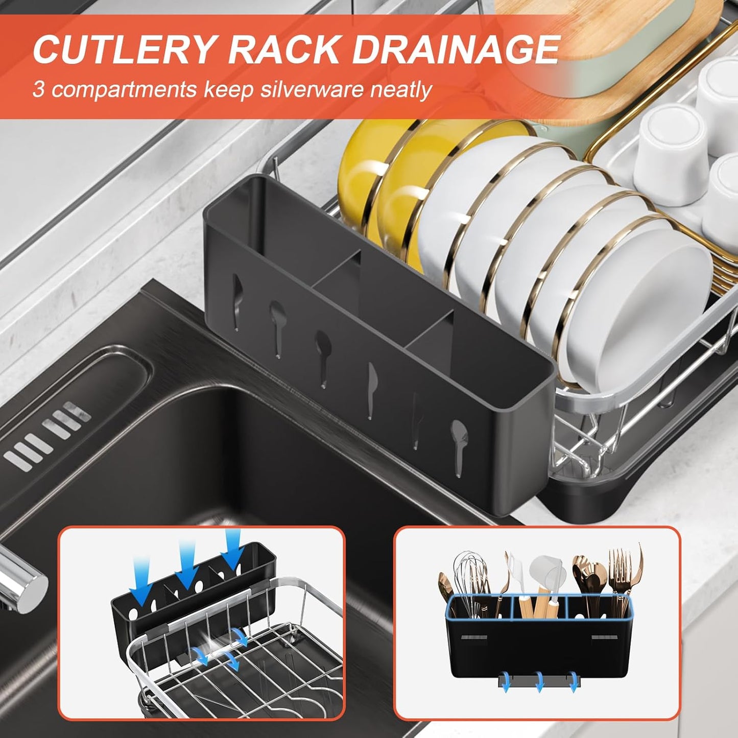 Dish Drying Rack - 304 Stainless Steel Dish Rack for Kitchen Counter with Utensil Holder & Cutlery Tray, Space Saving Countertop Organizer, Black