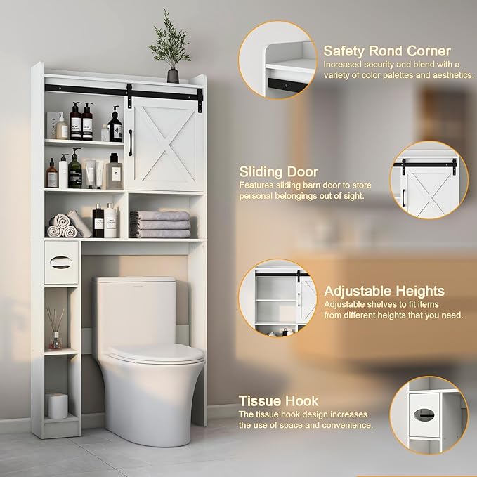 Over The Toilet Storage Cabinet, Farmhouse Storage Cabinet Over Toilet with Sliding Barn Door & Toilet Paper Holder Stand，Home Space-Saving Toilet Rack, for Bathroom, Restroom, Laundry