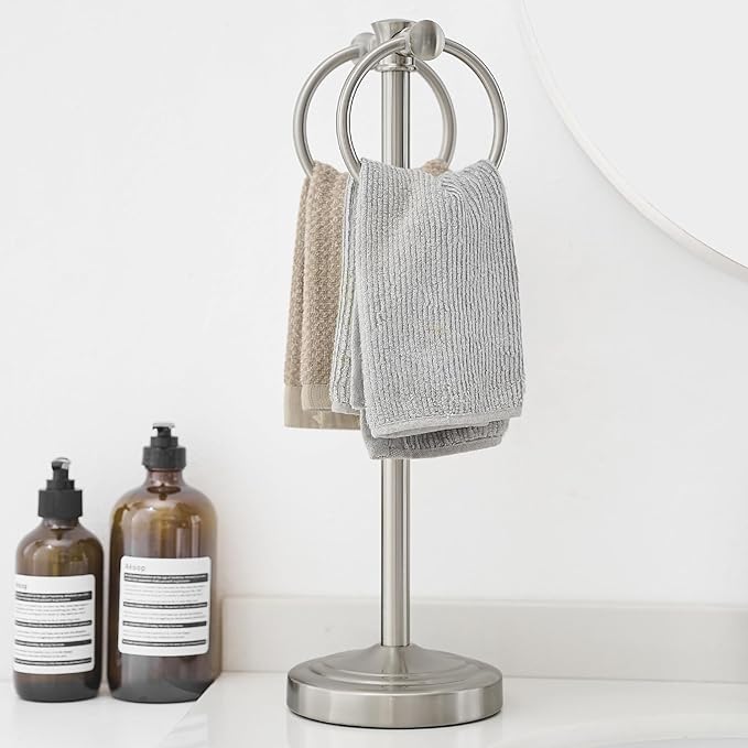 Hoimpro 17" Brushed Nickel Standing Towel Rack Bracket, Double Towel Ring Hand Towel Free Stand Holder Bathroom Hardware Accessories Set, Towel Bar for Bathroom Vanities and Kitchen Countertops