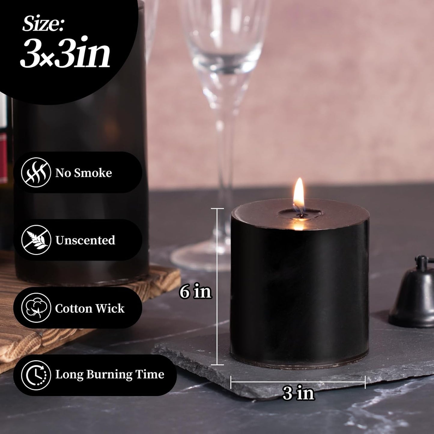 KONNI Black Pillar Candles Set of 3, 3"x 3" Unscented Pillar Candles Bulk, 30 Hours Long Burning Candles, Smokeless&Dripless Large Round Candle for Wedding, Home Decoration, Parties, Spas, Dinner