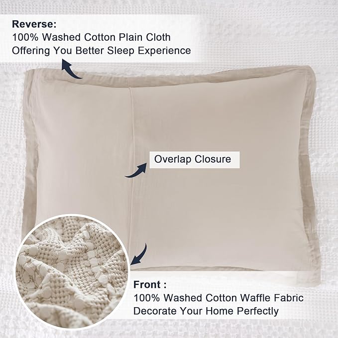 PHF 100% Cotton Ruffle Waffle Pillow Shams King Size, 2 Pack 20" x 36" Soft Skin-Friendly Pillowcases, No Filling, Aesthetic Home Decor, Breathable Waffle Weave Bed Pillow Covers, Oatmeal