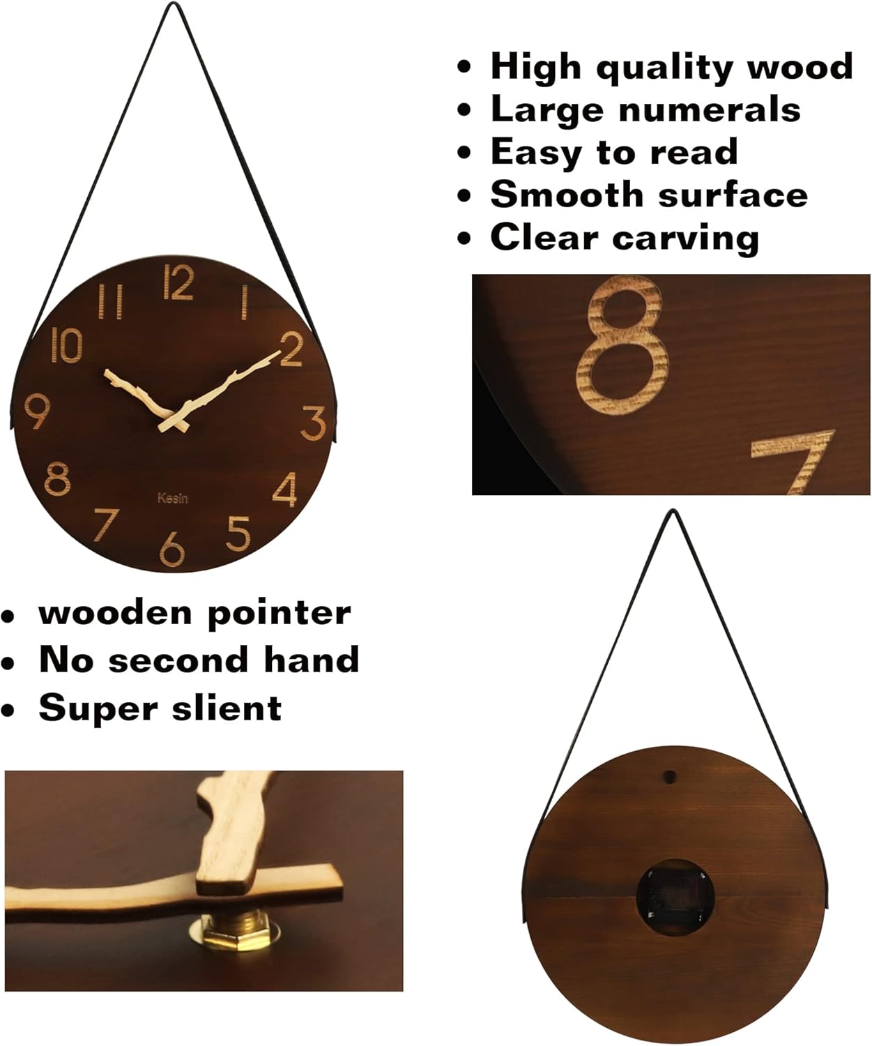 Kesin Wall Clock 12 Inch Silent Wooden Wall Clock Battery Operated Hand Made Retro Fashion Clock with Rope Hanging Decorative for Living Room Kitchen Bedroom Office