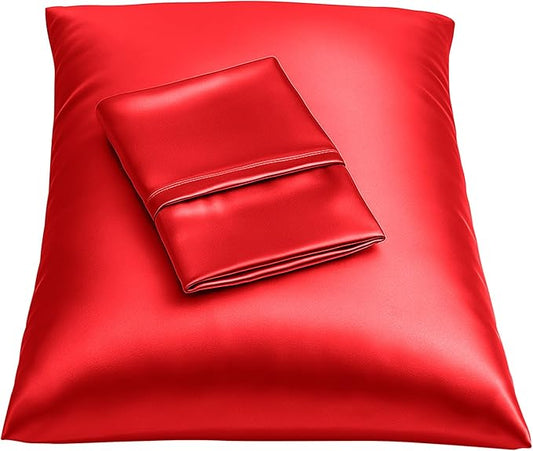 Satin Pillowcase with Zipper, for Hair and Skin Care, Feels Soft and Cool Like a Silk Pillowcase, Red Satin Pillow Cases Set of 2, Slik Pillow Cover, Standard Size - 2 Pack