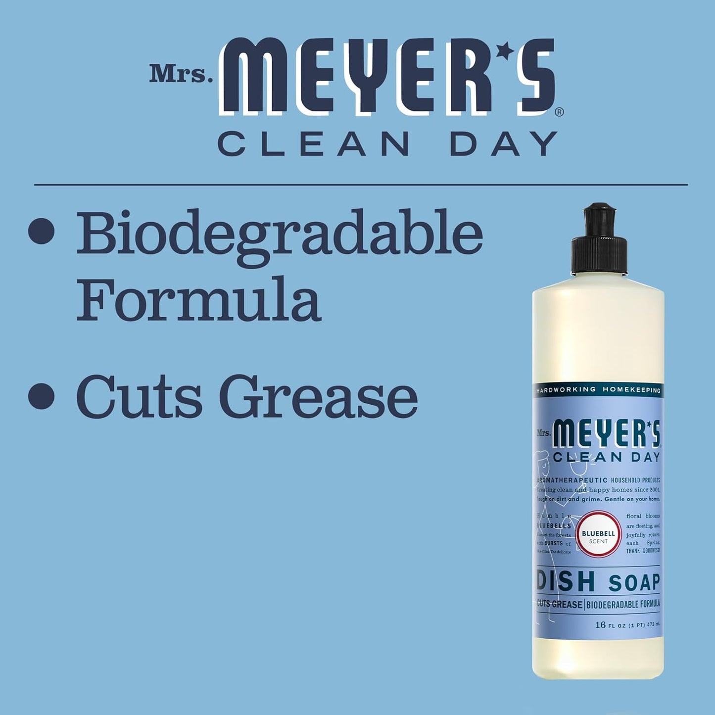 MRS. MEYER'S CLEAN DAY Liquid Dish Soap, Bluebell Scent, 16 Fl Oz bottle (Pack of 1)