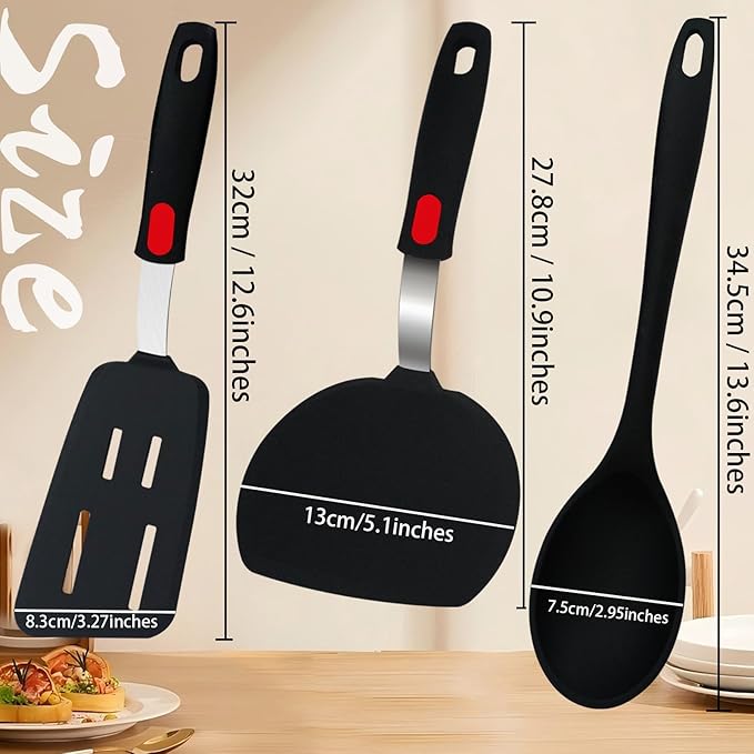 6-Pieces Silicone Spatula Turner Metal Stainless Steel Spatulas Set, Food-Grade 600°F Heat-Resistant Tools for Grilling, Burgers, Omelets and Pancakes with Non-Slip Handles