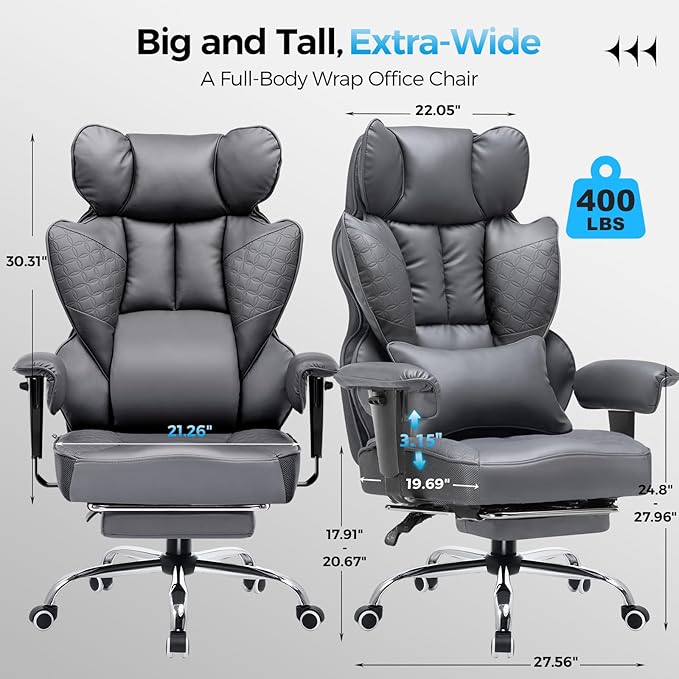 COMHOMA Big and Tall Office Chair 400LBS Wide Ergonomic Gaming Chair with Deluxe Embossing Designed Leather with Foot Rest,150°Reclining Adjustable Armrests Pocket Spring Back Support and Pillow