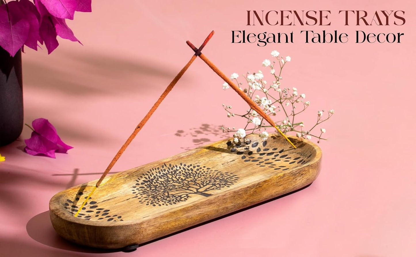 Incense Holder for Sticks Hand Carved - Tree of Life - Incense Burner/Ash Catcher- Handmade Wooden Insence Tray – Modern Gift Home/Room/Kitchen Décor 11x4x1.5 Inch