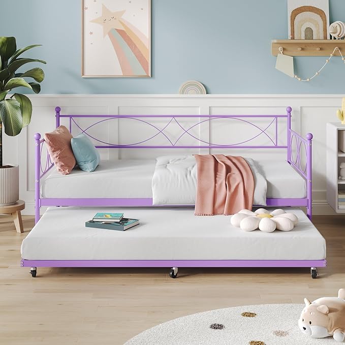 IDEALHOUSE Twin daybed with Trundle, Metal Twin Daybed and Trundle Set, Day Bed Sofa Bed Frame with Steel Slat Support, Multifunctional Daybed Frame for Bedroom (Purple Sets)