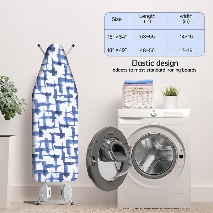 Ironing Board Cover and pad - 15 x 54 Thick Padding 4 Layers with 2" Elastic, Stain Resistant & Durable Scorch, 2 Click Buckles for Smooth Iron/Easy Installation in Laundry Room, Blue Brushstrokes