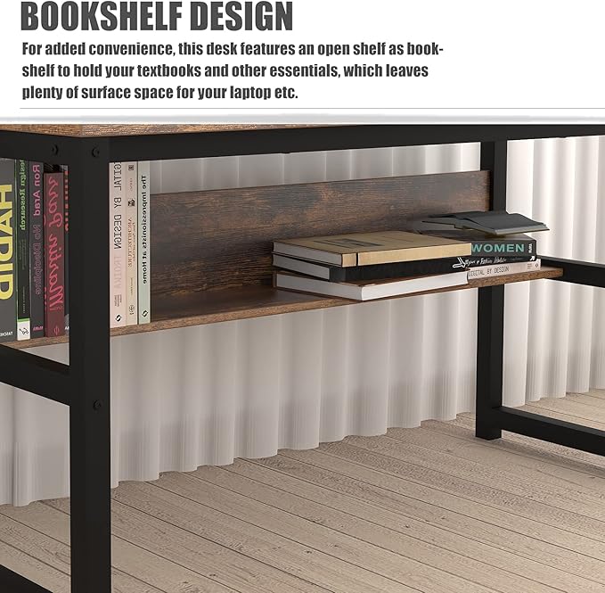 TOPSKY Computer Desk with Bookshelf/Metal Hole Cable Cover 1.18" Thick Desk (55", Rustic Brown)