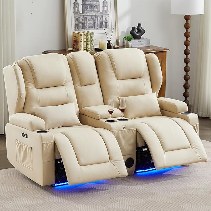 SAMERY Power Loveseat Recliner Sofa with Adjustable Split Back, USB Charging, Bluetooth Speakers & LED Lighting – Home Theater Seating with Storage, Cup Holders, Beige Fabric Loveseat Recliner