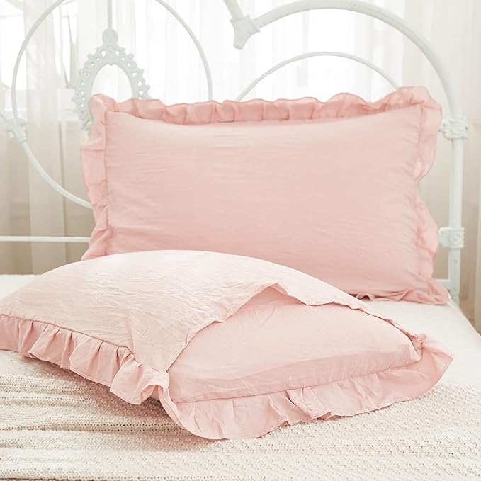 Pink Pillowcases King Pillowcases Ruffled Pillow Shams Set of 2 Cute Pillowcases Solid Ruffled Fringe Design Baby Pink Shabby Chic Pillowcases 2 Pack (King (20''x36''), Pink)