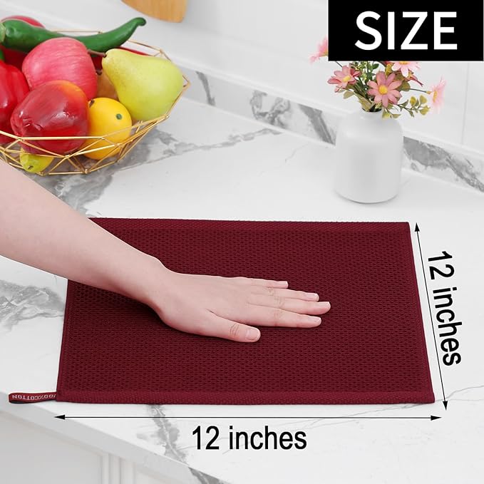 Homaxy 100% Cotton Waffle Weave Kitchen Dish Cloths, Ultra Soft Absorbent Quick Drying Dish Towels, 12 x 12 Inches, 8-Pack, Burgundy