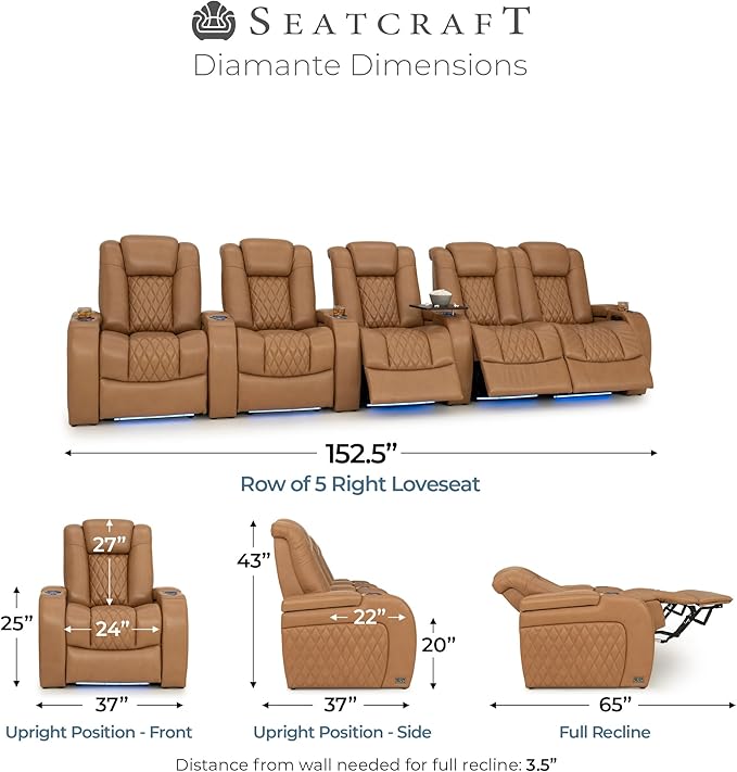 Seatcraft Diamante Zero-Gravity CoolZero Italian Leather Home Theater Seating, Power Headrest, Power Recline, Row of 5 Right Loveseat, Tan Oak