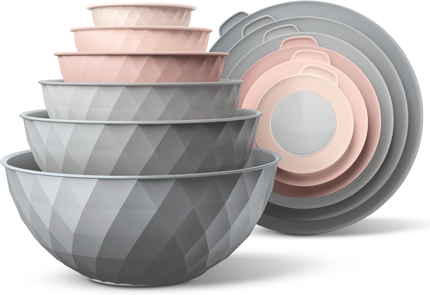 COOK WITH COLOR Mixing Bowls with Lids - 12 Piece Plastic Nesting Bowls Set includes 6 Prep Bowls and 6 Lids, Diamond Design - Microwave Safe, Pink and Grey