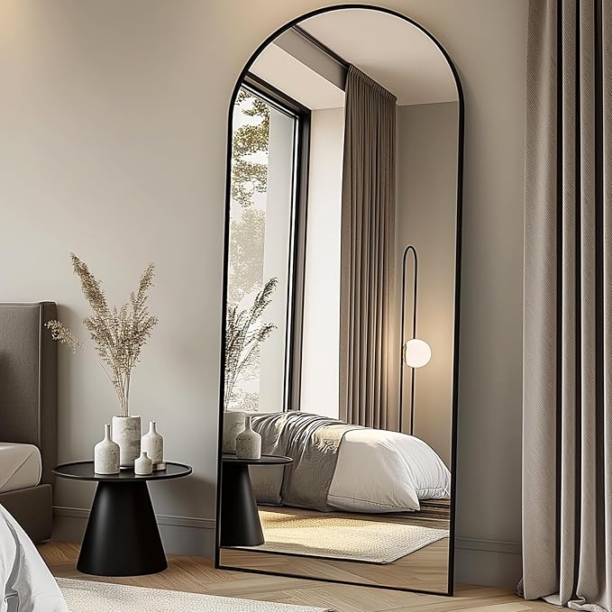 TinyTimes 71''x30'' Oversized Arched Full Length Mirror Large Full Body Floor Mirror with Stand for Hanging, Big Full Size Long Mirror with Aluminum Frame for Bedroom, Living Room (Black)