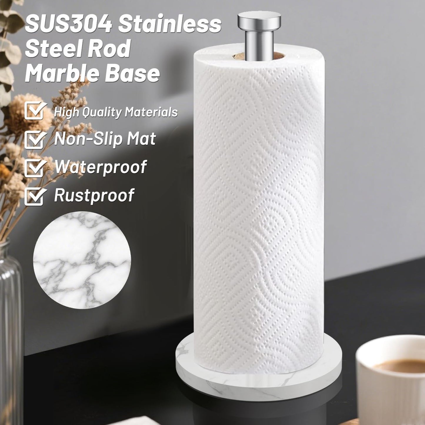 VEHHE Marble Paper Towel Holder for Kitchen Countertop, Standing Paper Towel Stand with Weighted Base & EVA Non-Slip Pad, for Bathroom or Kitchen (Silver)