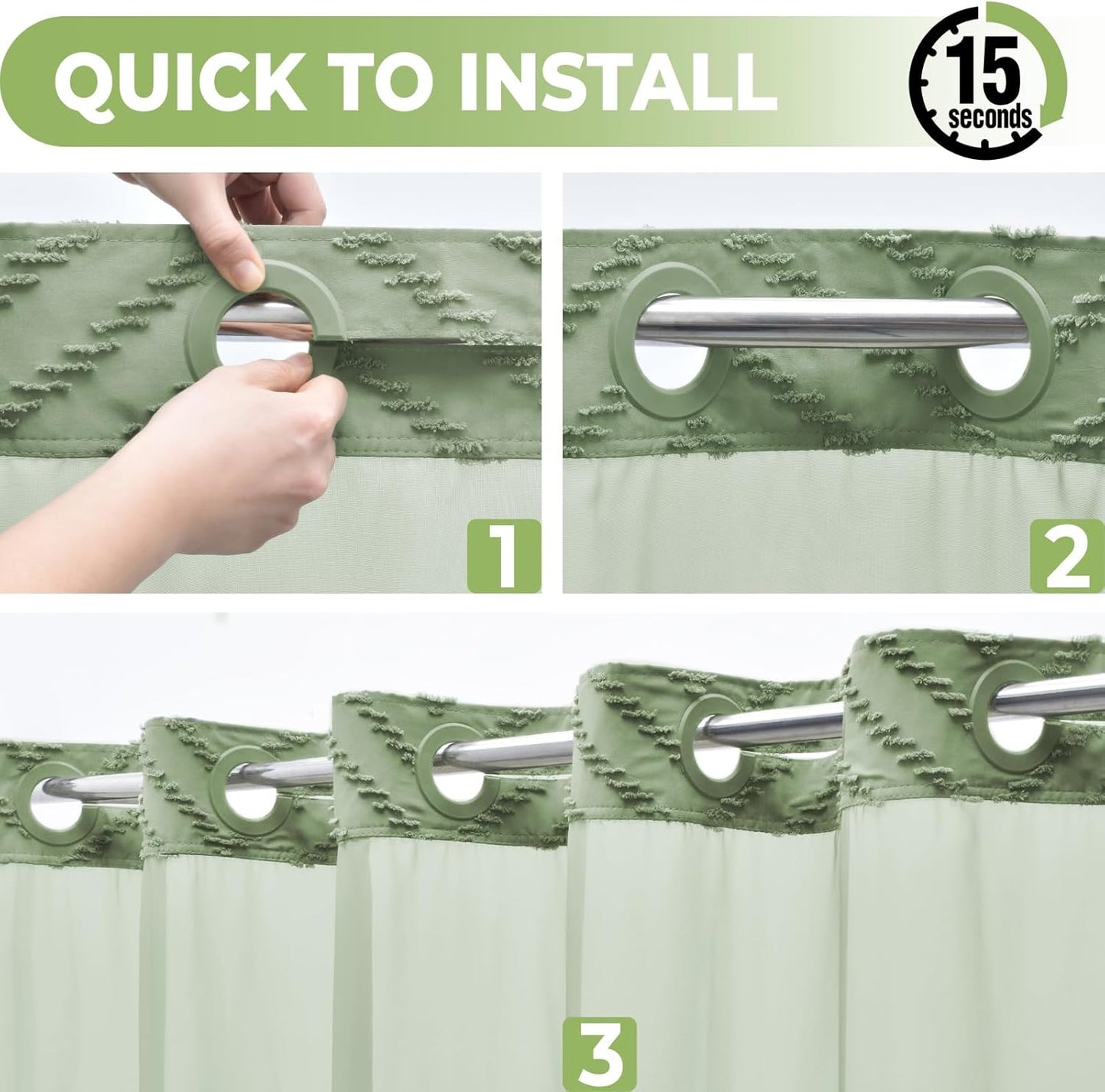 Long No Hook Shower Curtain with Snap in Liner, Tufted Chevron Striped Shower Curtain Set for Bathroom, Boho Waterproof and Washable Shower Curtains,71Wx80H, Sage Green