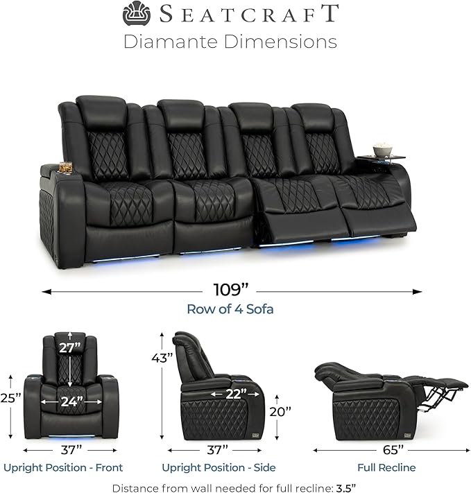 Seatcraft Diamante Zero-Gravity CoolZero Italian Leather Home Theater Seating, Power Headrest, Power Recline, Row of 4 Sofa, Black