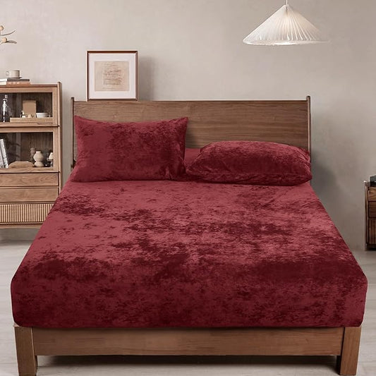 PHF Truly Velvet Fitted Sheet Only Twin Size, Christmas Luxury Super Soft Cozy Fuzzy Fleece Bottom Sheet with Deep Pocket Up to 16", Suitable for Fall Winter Spring, No Pillowcases, Wine Red