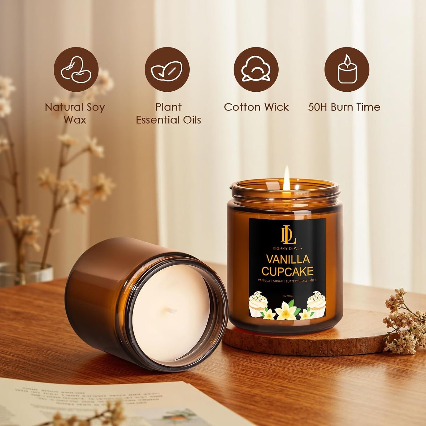 Vanilla Cupcake Candles, Vanilla Cupcake Scented Candle, Mother's Day Candle Gifts for Women, Soy Candles for Home Scented, 7oz 50 Hours Burn, Home Décor