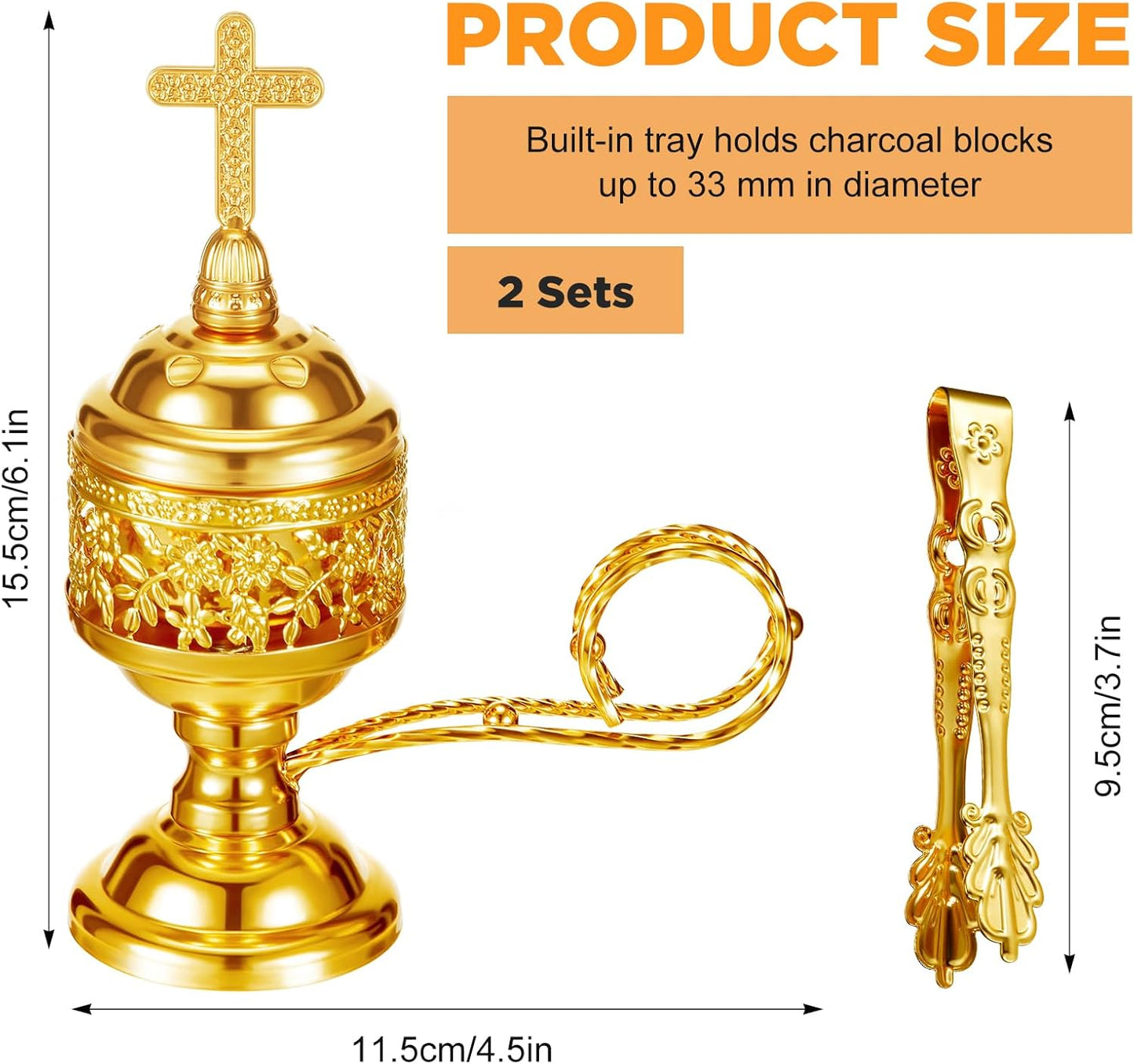 Zonon 2 Sets Incense Burner with Tong, Frankincense Charcoal Incense Stand Holder, Ideal for Yoga, Spa, Aromatherapy, Home and Christian Church Censer(Gold)