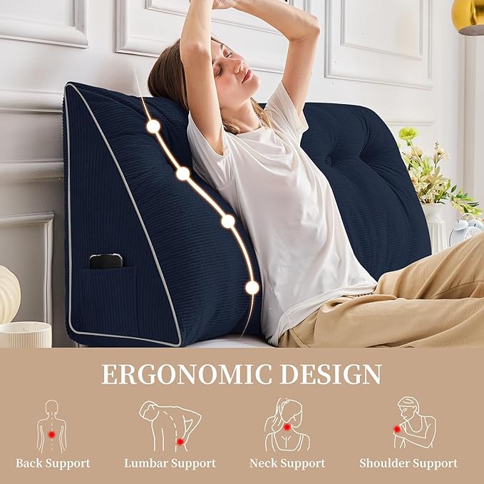 Sasttie Headboard Pillow Full, Wedge Pillow Headboard for Sitting Up in Bed, Back-Rest Support Triangular Cushion for Reading - Features Removable Washable Cover, Navy