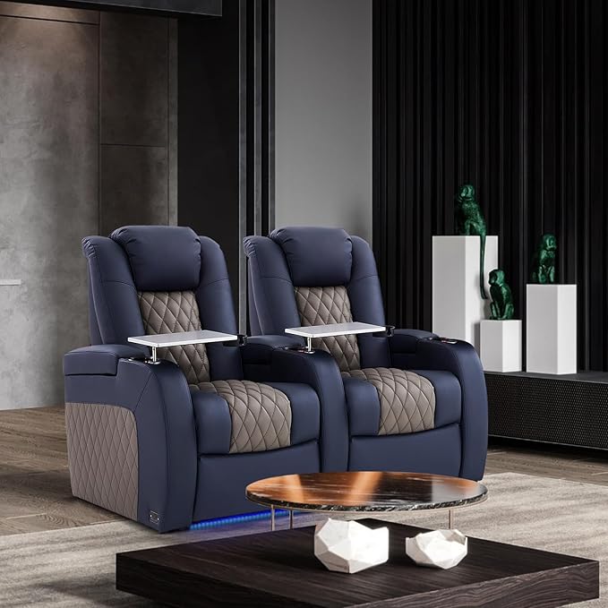 Home Theater Seating, Top Grain Leather Movie Seats Recliner Chair, Zero Gravity Reclining Gaming Sofa with Power Headrest 7 Colors Ambient Lighting 5 Seats Loveseat Left Blue Grey