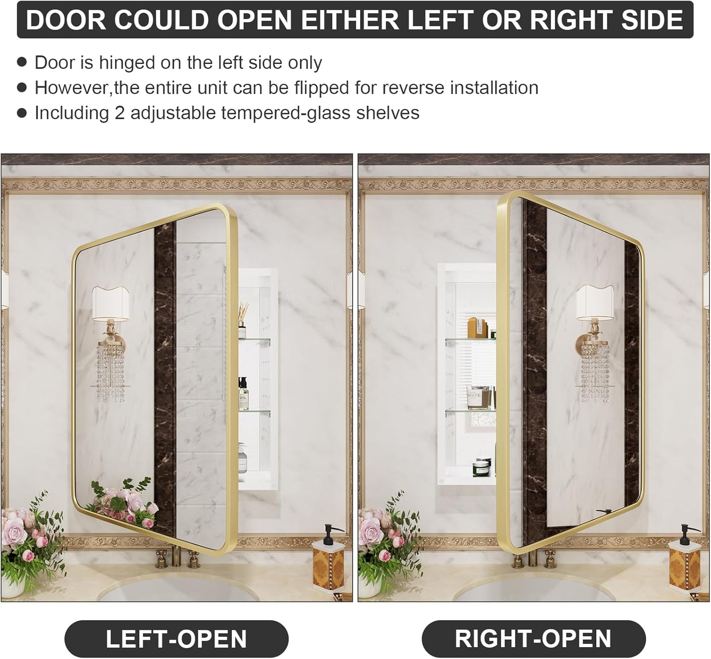 HOMECOOKIN Farmhouse Gold Metal Framed Recessed Bathroom Medicine Cabinet with Beveled Mirror Rounded Rectangle Bathroom Medicine Cabinet 22x28 inch