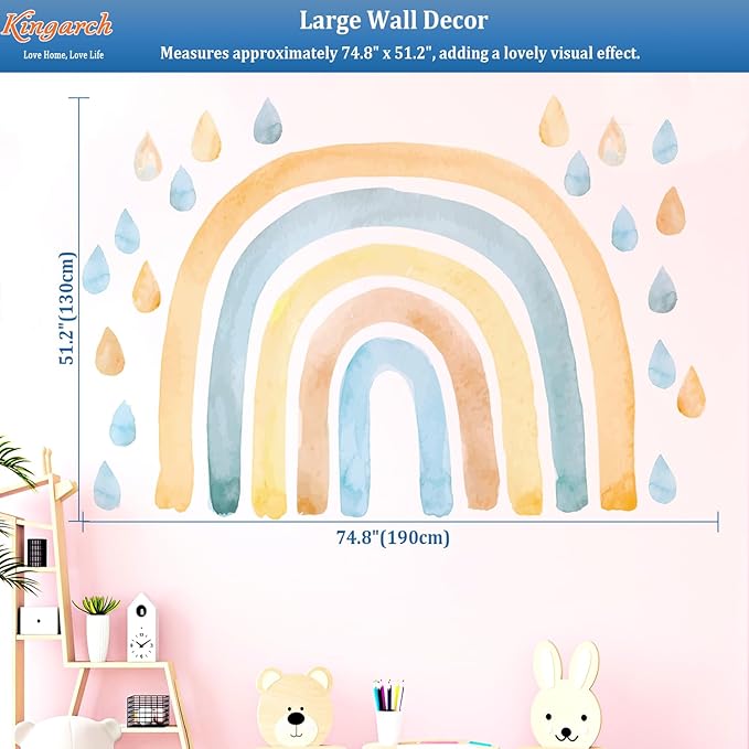 Large Watercolor Rainbow Wall Decals, Raindrops Peel and Stick Fabric Nursery Wall Decor, Removable Home Room Wall Decor Murals Stickers for Kids Girls Toddler Bedroom Living Room Playroom