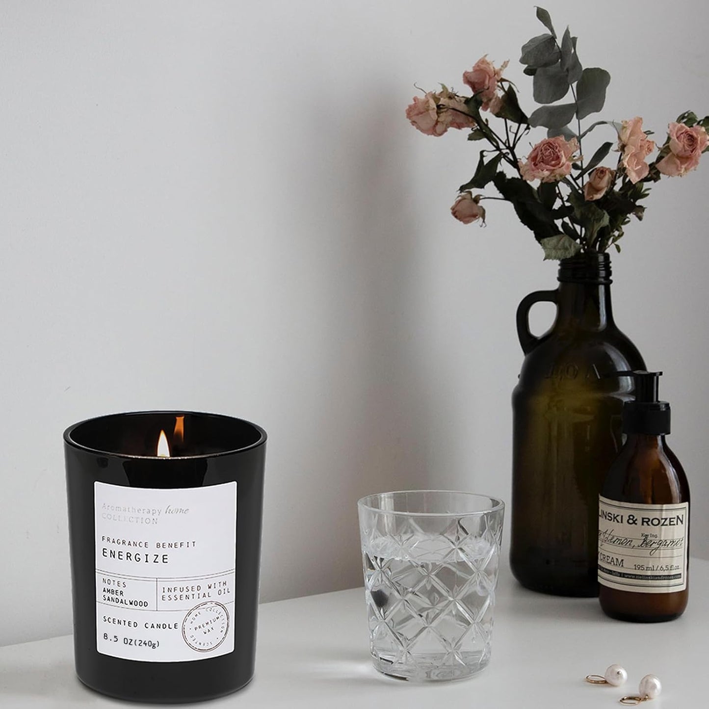 Sandalwood Candle, Sandalwood & Amber Scented Candles,Soy Wax Black Candles for Home Scented,Candle Gift for Men Women,8.5oz